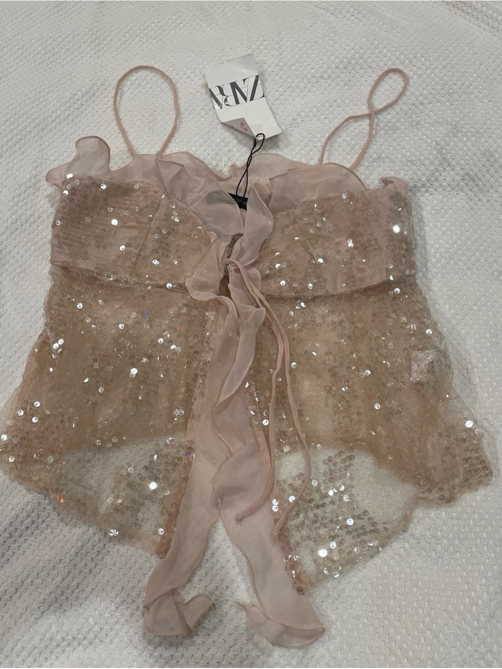 Zara NWT XS Blush Pink Sequin Sheer Ruffle Tie Front Cami Top
